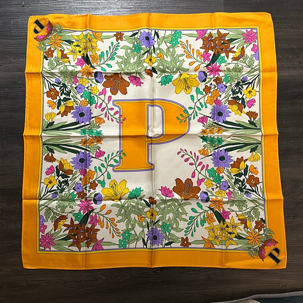 NWT Zara Blooming Collection Floral Alphabet 100% Silk Scarf Letter P